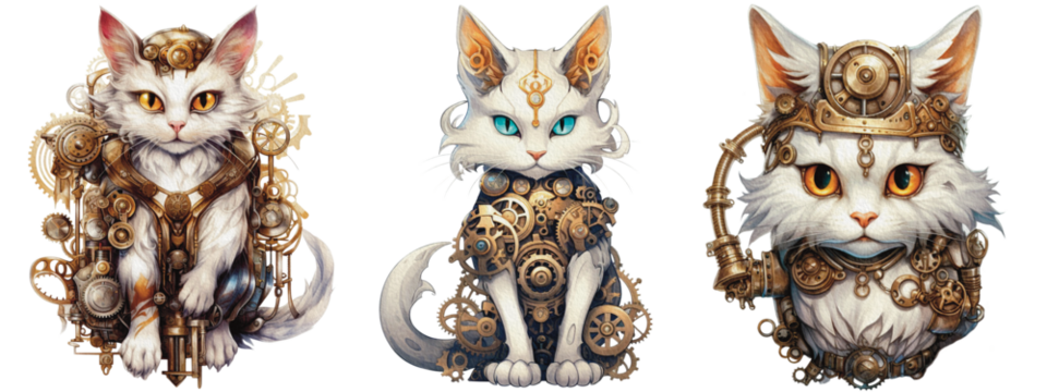Set of a fantastic portrait cat of an attractive steampunk style. animal as mechanical cyber animal isolated on a transparent background, generative AI technology
