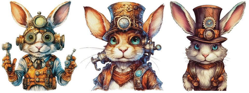Set of a fantastic portrait rabbit of an attractive steampunk style. animal as mechanical cyber animal isolated on a transparent background, generative AI technology