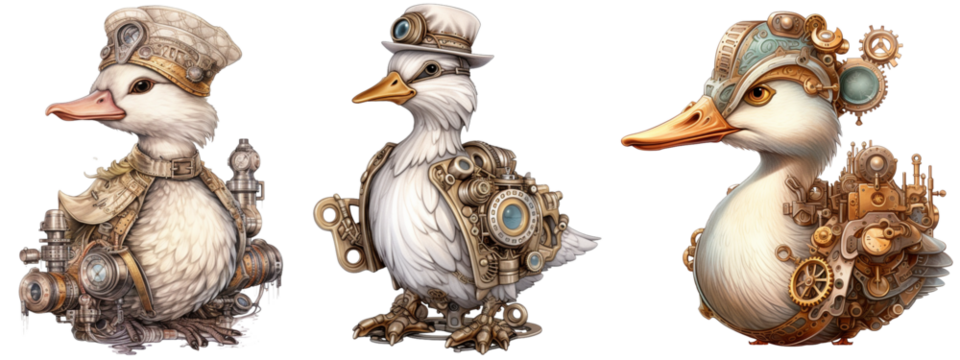 Set of a fantastic portrait duck of an attractive steampunk style. animal as mechanical cyber animal isolated on a transparent background, generative AI technology