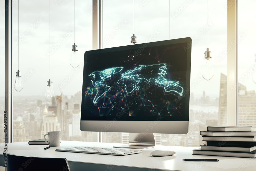 Poster modern computer display with abstract graphic world map, big data and networking concept. 3d renderi