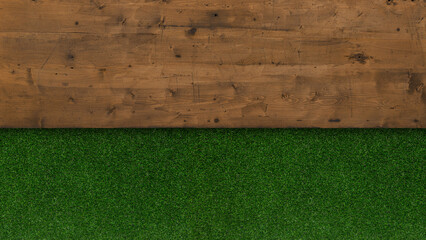 Meadow green lawn grass surface and wooden table surface. Turf and wood top view background with...