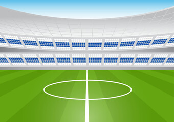 Football Stadium or Soccer Stadium at Night. Football Field or Soccer Field Stadium. Vector Illustration. 