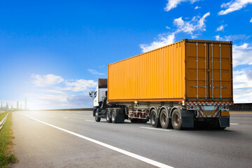 Semi Trailer Truck Driving on The Road with Blue Sky. Shipping Cargo Container, Commercial Truck Transport. Delivery Express. Diesel Trucks. Lorry Tractor. Freight Truck Logistic. - obrazy, fototapety, plakaty