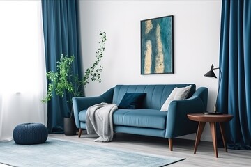 Fototapeta na wymiar bright living room interior with royal blue couch | White minimalist living room interior with sofa | Modern luxury living room | Modern mid century interior of living room, Generative AI