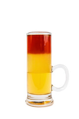 A tall, three-layer cocktail in a beer glass stands out against the white background. Enjoy this refreshing alcoholic beverage for an enjoyable evening indoors.