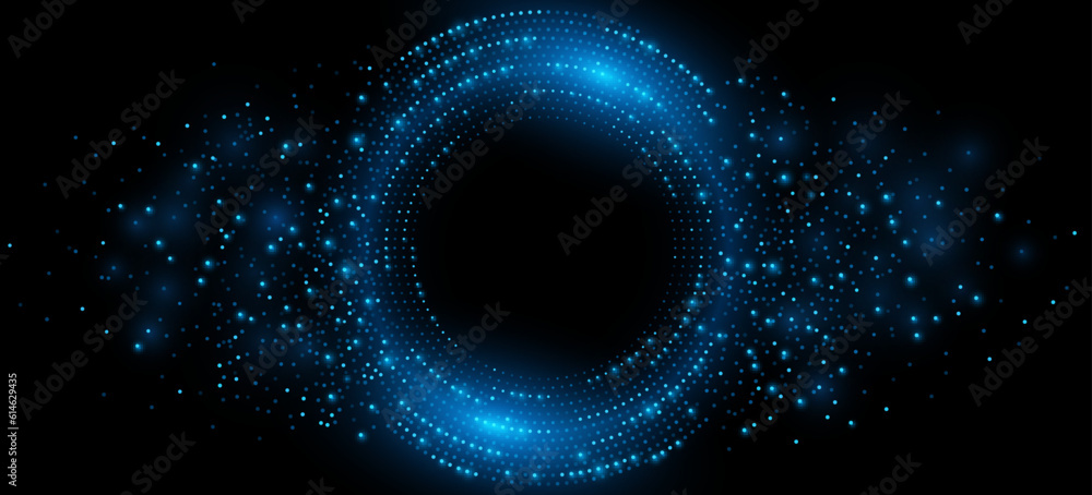 Poster digital circles of blue glowing dots. big data visualization into cyberspace. network information de