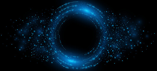 Digital circles of blue glowing dots. Big Data visualization into cyberspace. Network Information Decay. Futuristic modern background. Vector illustration. - 614629435