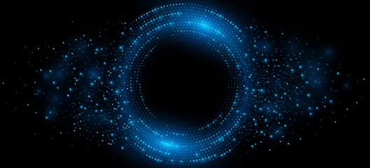 Foto auf Acrylglas Digital circles of blue glowing dots. Big Data visualization into cyberspace. Network Information Decay. Futuristic modern background. Vector illustration. © sersupervector