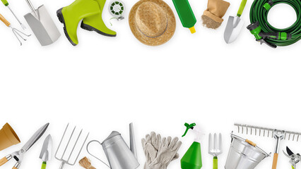 Gardening tool equipment. Top view isolated on white background with copy space. Online shopping...