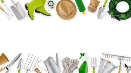 Gardening tool equipment. Top view isolated on white background with copy space. Online shopping commerce or banner for florist shop or greenhouse. Pruning, horticulture and vegetable garden