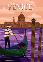 Retro Poster Venice Italia. Grand Canal, gondolier, architecture, vintage style card. Vector illustration postcard