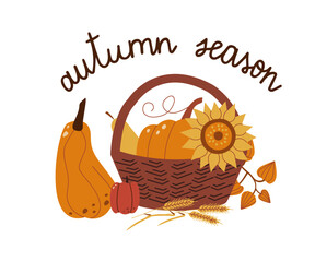 Autumn vegetables in basket. Harvest gathering time. Autumn season colorful composition with quote inscription.