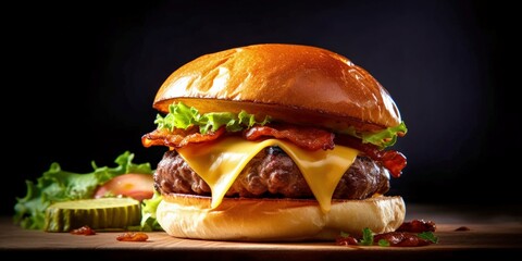tasty cheese burger on dark background created with generative AI - obrazy, fototapety, plakaty