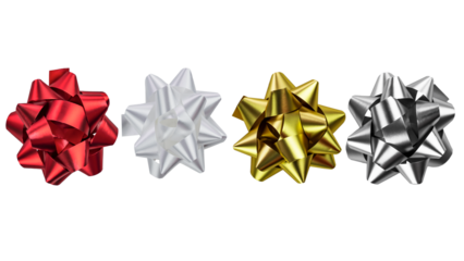 Gold bow ribbon  decor element package. Shiny golden, red, white and silver satin decorations gift present, holiday design, isolated white background. Symbol Christmas, New Year celebration, birthday 