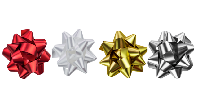 Gold bow ribbon  decor element package. Shiny golden, red, white and silver satin decorations gift present, holiday design, isolated white background. Symbol Christmas, New Year celebration, birthday 