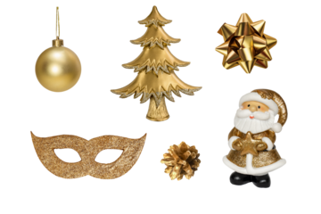 Set of white and gold Christmas decorations. Isolated on white background, design elements for greeting card or invitation.