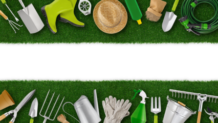 Gardening tool equipment. Top view on lawn green grass and white background with copy space. Online shopping commerce, greenhouse advertising banner. Pruning, horticulture and vegetable garden