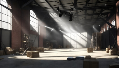 Old warehouse. light pours in through the window. Generative AI