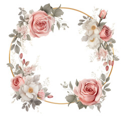 Floral frame of wild rose flowers branches isolated Hand painted pinkish rose,  vintage color tone With white  background.