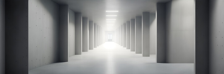 Concrete corridor with high walls. Concrete hall, maze passage of smooth new concrete. Generative AI