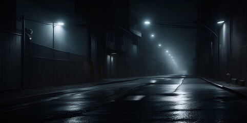 Midnight road or alley with car headlights pointed this way. Generative AI