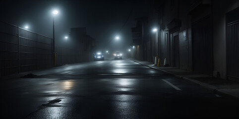 Midnight road or alley with car headlights pointed this way. Generative AI