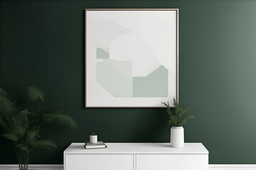 Mockup poster frame in minimalist interior background with dark green wall. Generative AI