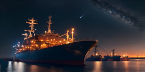 Oil tanker docked in an offshore dock at night or dawn sea. Generative AI