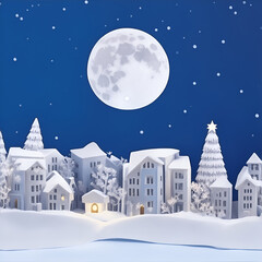 Fototapeta na wymiar Winter Snow Urban Countryside Landscape City Village with full moon. Generative AI