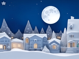 Obraz na płótnie Canvas Winter Snow Urban Countryside Landscape City Village with full moon. Generative AI
