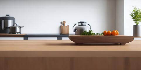 Wooden table top on blur kitchen room background, Modern Contemporary kitchen room interior. Generative AI