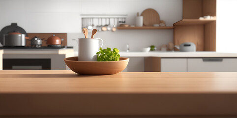 Fototapeta na wymiar Wooden table top on blur kitchen room background, Modern Contemporary kitchen room interior. Generative AI