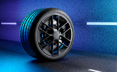 3d rendering modern Car tires Asphalt road background.