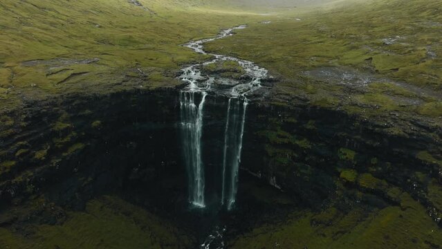 Drone shot from Foss&aacute; Waterfall in Faroe Islands.