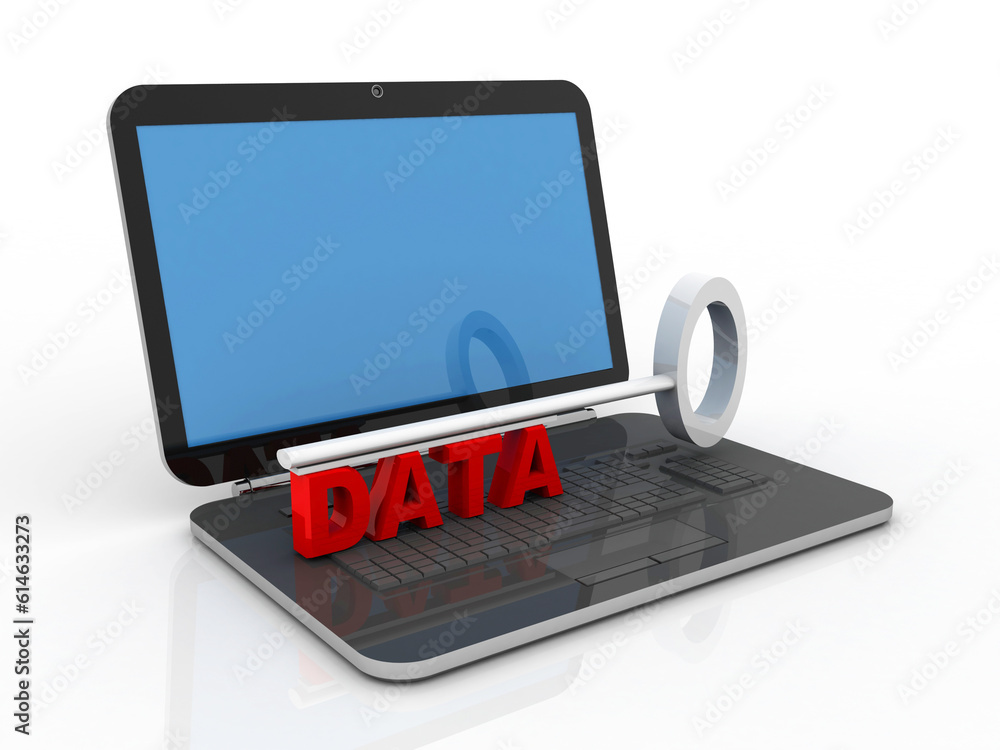 Poster 3d rendering data with key on laptop