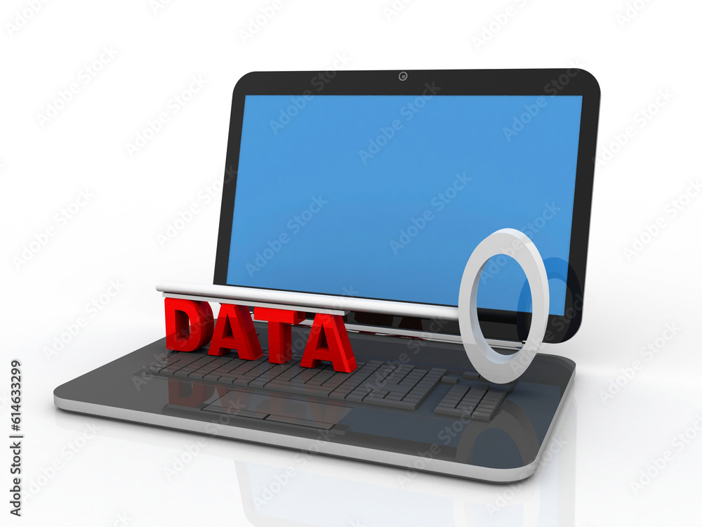 Poster 3d rendering data with key on laptop