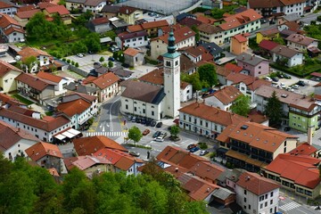 Aerial view of the town centre of Kobarid in Primorska, Slovenia