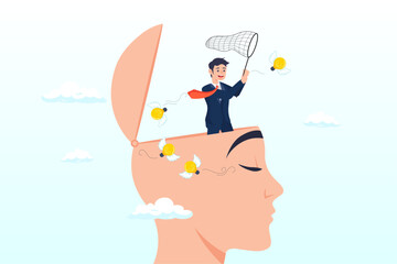 Businessman open his head to using butterfly net to catching light bulb idea, creative idea thinking process, contemplation, idealization for solution or innovation, development, learn skills (Vector)