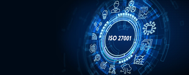 ISO 27001 Standard certification standardisation quality control concept on screen. 3d illustration - obrazy, fototapety, plakaty