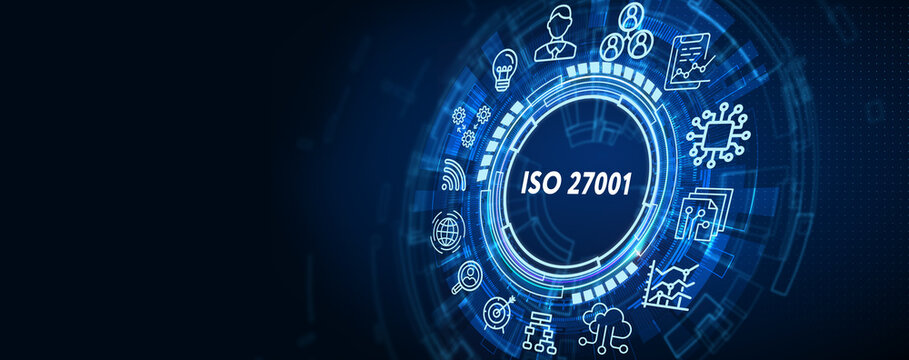 ISO 27001 Standard certification standardisation quality control concept on screen. 3d illustration