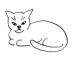 Simple black outline vector drawing. Cat in a lying position. Pets.