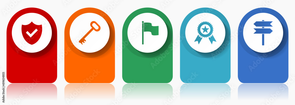 Aufkleber internet icon set, miscellaneous vector icons such as shield, key, flag, badge and signpost, modern 
