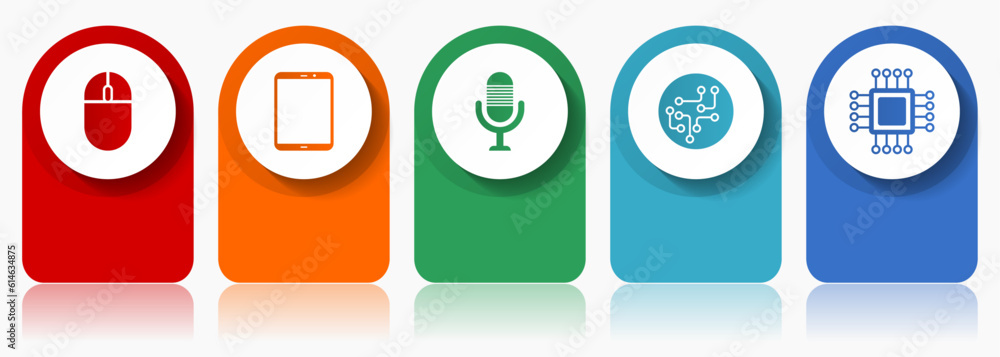 Poster Technology icon set, miscellaneous vector icons such as computer mouse, tablet, microphone, chip and cpu, modern design infographic template, web buttons in 5 color options