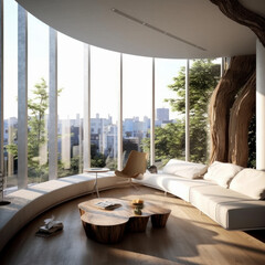 Fototapeta na wymiar Stylish Urban Dwelling: Modern Apartment with Floor-to-Ceiling Windows. Based on Generative AI.