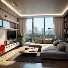 Fototapeta na wymiar modern living room with fireplace,generative ai
