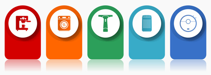 Home appliances icon set, miscellaneous vector icons such as coffe maker, dryer, window cleaner and vacuum cleaner, modern design infographic template, web buttons in 5 color options