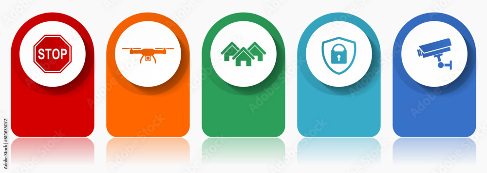Aufkleber home security icon set, miscellaneous vector icons such as stop sign, drone, house, cctv camera and 
