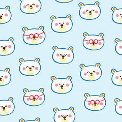 Seamless Pattern of Cartoon Bear Face Design on Light Blue Background