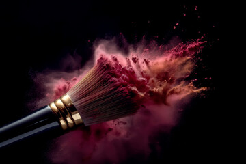 Makeup brush with colorful powder explosion or eyeshadow isolated in dark background. generative AI - obrazy, fototapety, plakaty