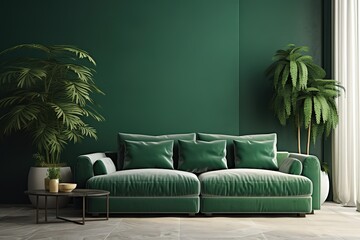 Home interior mock-up with green sofa, table and decor in living room, 3d render | Living room with green armchair on empty dark green wall background | Green wall background, Generative AI